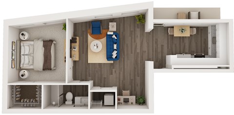 A top-down view of a small apartment with a bedroom, living room, and kitchen.